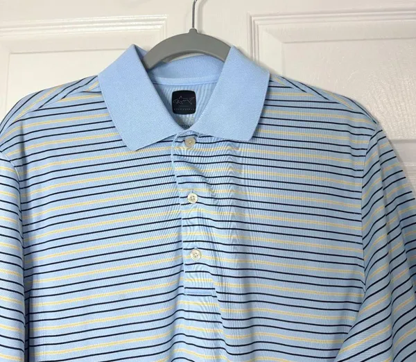 Greg Norman Polo Shirt Light Blue and Yellow Stripes ML75 Microlux Play Dry (M) - Image 2