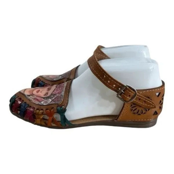 Frida Kahlo Huarache Sandals Womens Size 6 Brown Leather Mexican Ankle Strap - Image 3