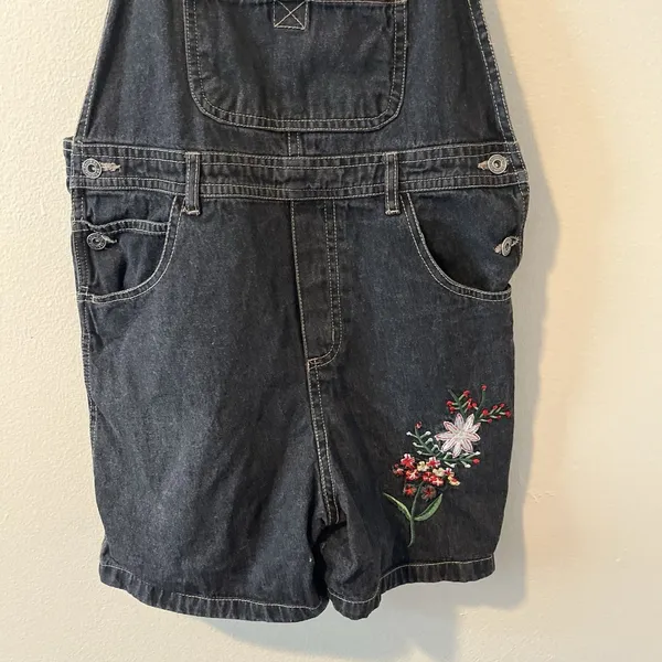 Route 66 Vtg Denim Overall Shorts Black Grey Embroidered Y2K Kid Core Grunge‎ Goth 90s - Image 5