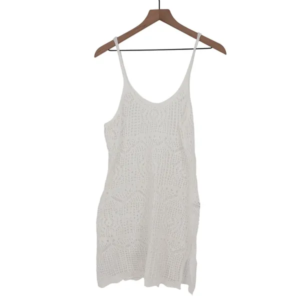 White Crochet Knit Beach Cover Up Dress Spaghetti Strap Mini V-Neck Large - Image 2