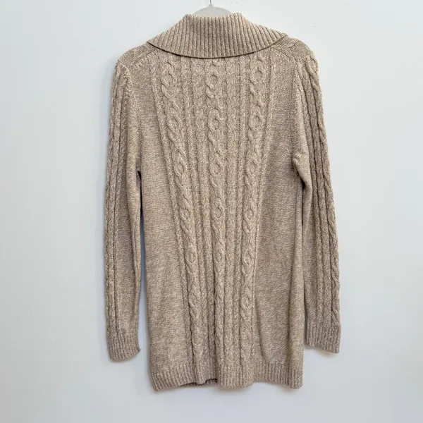 L.L. Bean Cable Knit Fisherman Cardigan Sweater Beige Cotton Button Front‎ M - Image 6