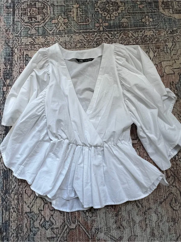 Zara White V-Neck Peplum Puff-Sleeve Blouse 100% Cotton Size Large - Image 5