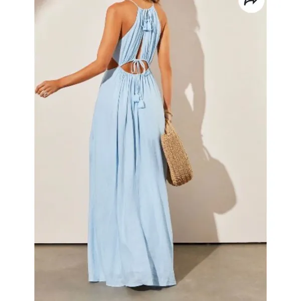 Women A Peach Light Blue Cutout Halter Maxi DressL - Image 9