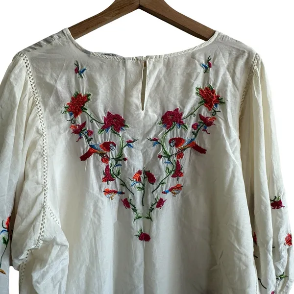 Zara Collection Dress Sz L Cotton Silk Blend Puff Sleeve Floral Embroidered - Image 11