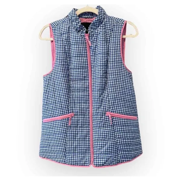 Talbots‎ Womens Blue Gingham Quilted Puffer Vest Pink Trim Full Zip XS Pockets - Image 4