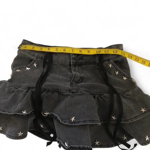 Social collision Gothic Grunge Black Grey Denim micro mini skirt sukapan bratz preppy dark academia white stars studded ribbon tie Measurement in pics - Image 3