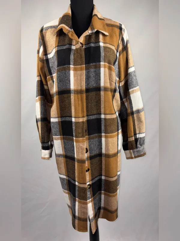 SheIn Plaid Long Coat/Jacket Shirt Camel Black White Plaid - Image 3