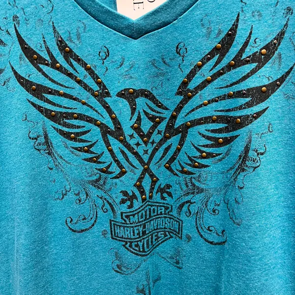 Women's Blue Eagle Graphic Brass Studded Short Sleeve Biker Tee - Image 2