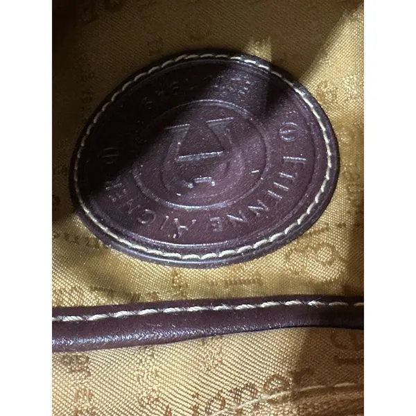 Etienne Aigner Purse~ Beige Linen Blend~Burgundy Trim~Snap Close Gold Hardware - Image 8