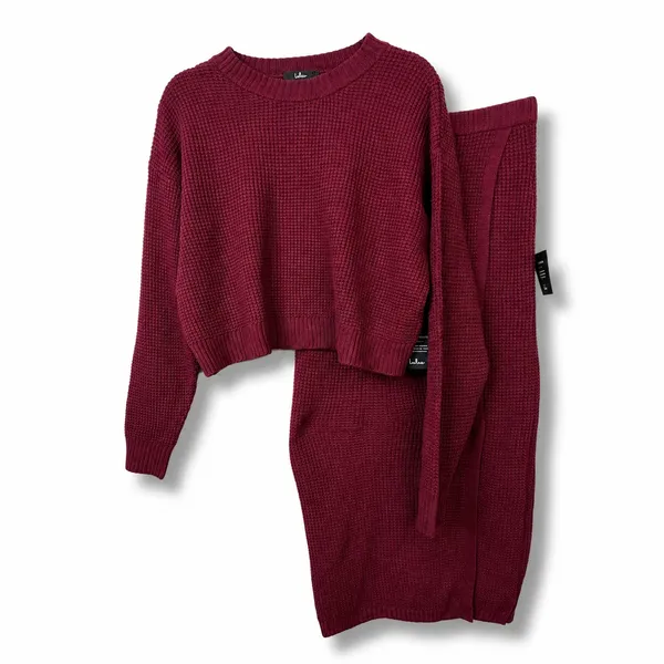 NEW Lulus Autumn Sweetheart Burgundy Waffle Knit Two-Piece Sweater Dress Medium - Image 5