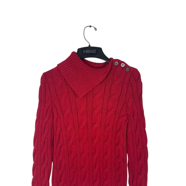 Lauren Ralph Lauren M Red Cable Knit Shawl Collar Button Shoulder Sweater Chunky - Image 2