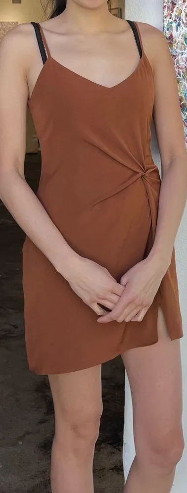 Abercrombie & Fitch Side Twist Crepe Orange Brown Mini Dress - Image 4