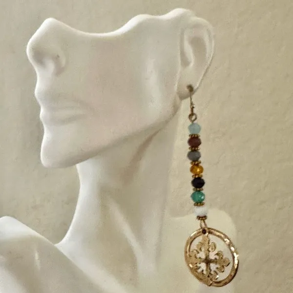Boho Beaded Dangle Earrings w/ Gold Medallion - Image 5
