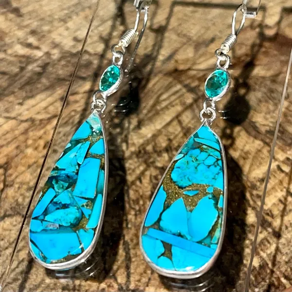 Faceted Turquoise in Copper Earrings 2 1/4” Gold - Image 3