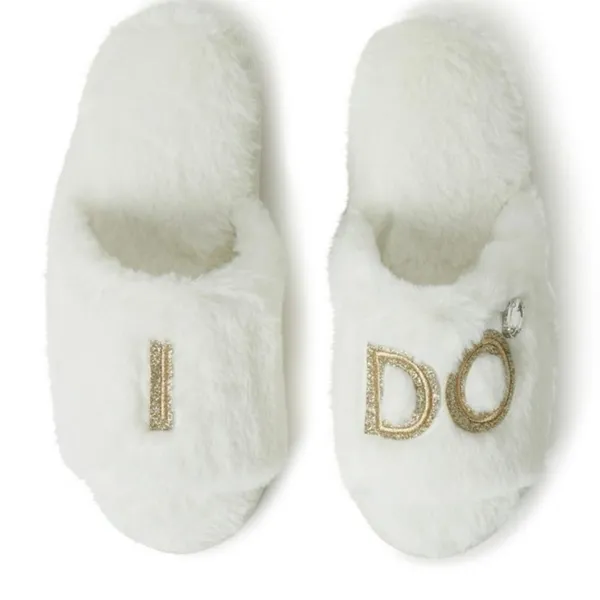 Dearfoams Women's Lane Bridal I Do Fuzzy Slide Slipper - Alabaster Size M 7/8 - Image 2