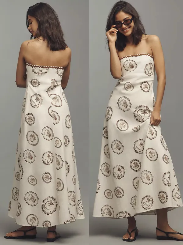 Kivari • Anthropologie Ciao Strapless Maxi Dress white linen print rickrack - Image 12