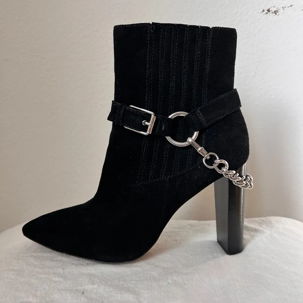 Paige London Black Suede Pointed Toe Heel Boots Chain Detail 9.5‎ - Image 4