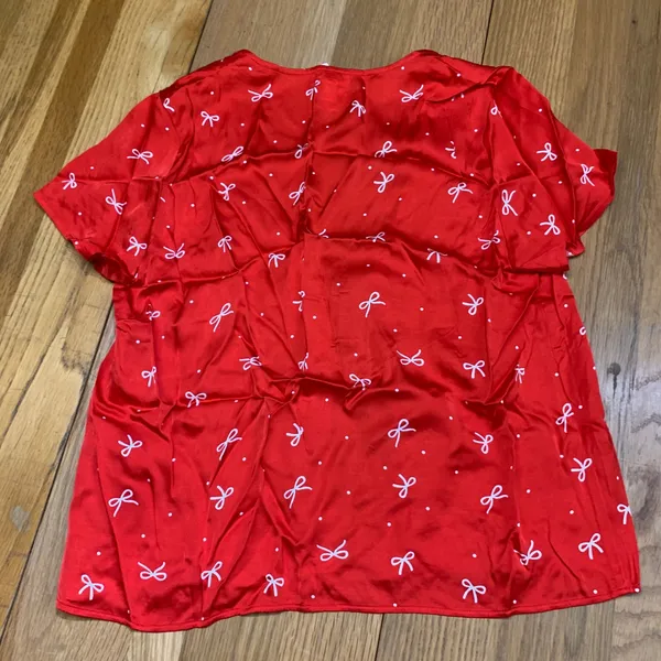 Aerie Red Bow Polka Dot Tie Front Satin Short Sleeve Top Women's Size Medium NWT - Image 5