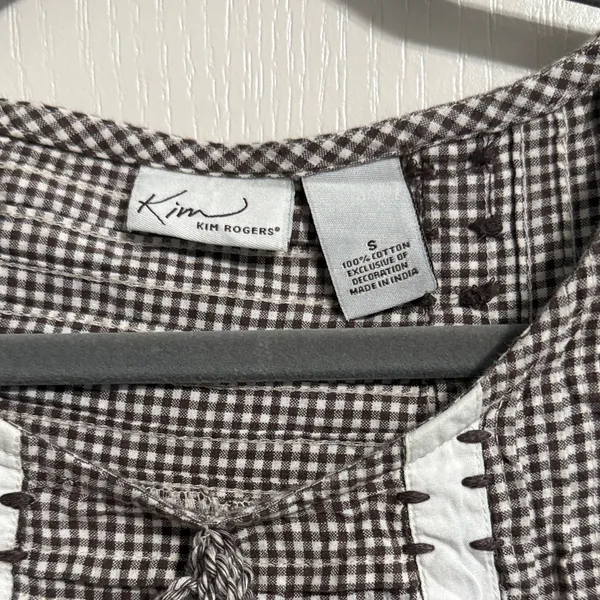 💖 Kim Rogers Cottage Peasant Style Gingham Blouse with Neck Tie Detail‎ - Image 5