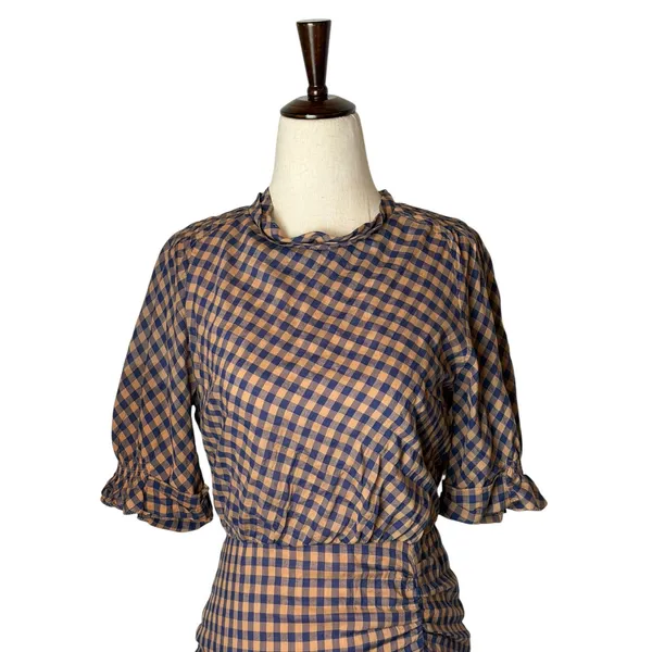 MINE Gingham Midi Dress Women Small Orange Blue Ruched Puff Sleeve Preppy Retro - Image 4