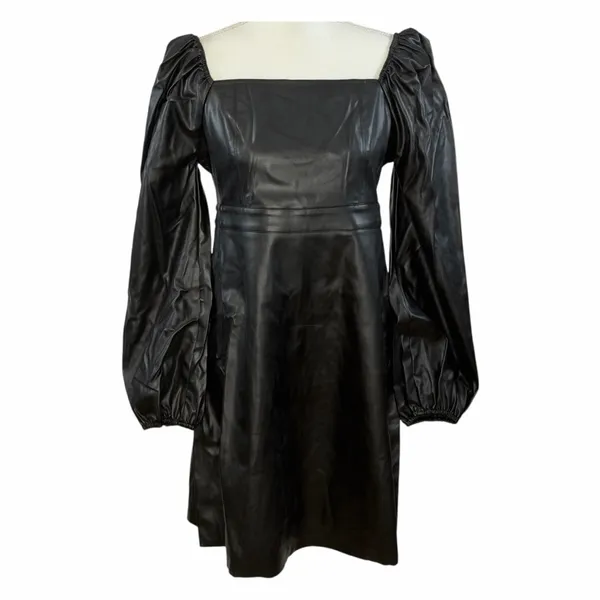 Area Stars Faux Leather Mini Dress Black Long Puff Sleeves Lace Up Square Neck M - Image 3