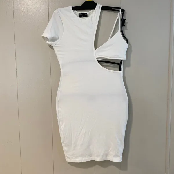 White Fox White Ribbed Cutout Mini Dress Size M Y2K Bodycon Asymmetrical - Image 2