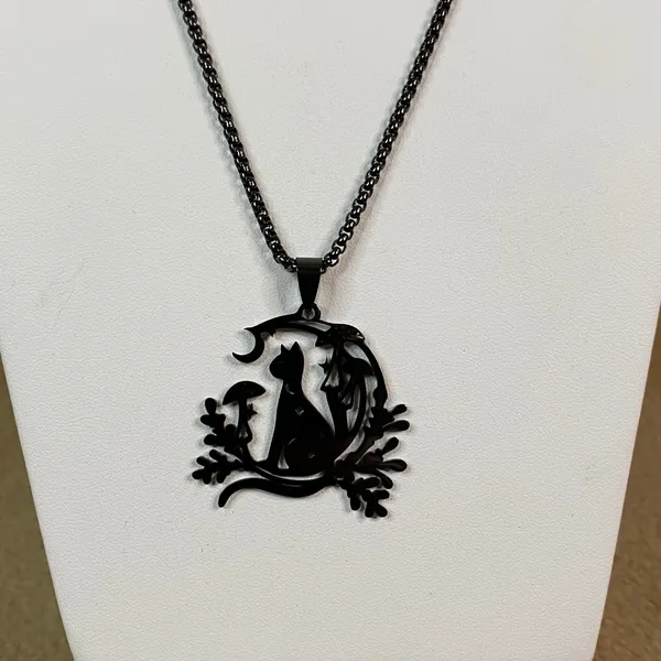 Black Cat Mushroom Moon Crescent Pendant Necklace Gothic Halloween Gift 23in New - Image 2