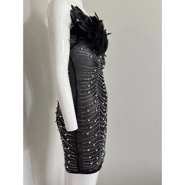Beaded Pearl Sheer Feather Bust Dress Size Small Stretchy Bodycon Night Out - Image 5