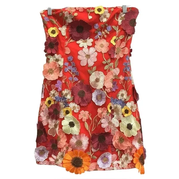 Anthropologie Endless Rose 3D Flowers Floral Embroidered‎ Red Mini Dress S - Image 2