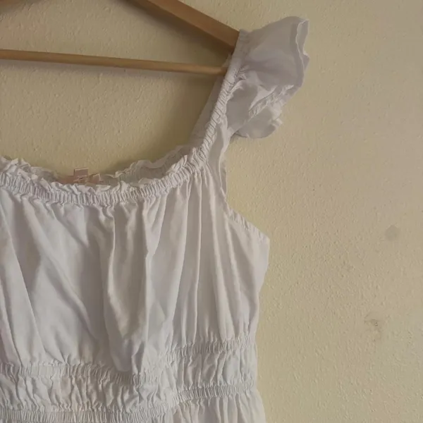 Dizzy Lizzy White Cotton Midi Dress L Ruffle Smocked Cottagecore Prairie Bridal - Image 2