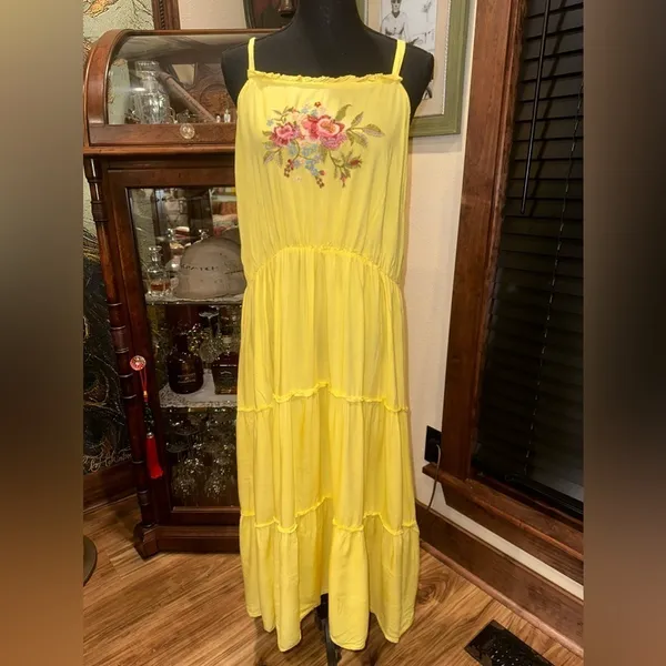 FEATHER Yellow Boho Embroidered Tiered Maxi Dress Plus 2X Coastal Summer Rayon - Image 3