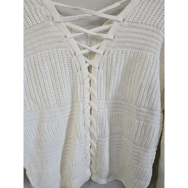 Full Circle Trends Sweater Sz Med Lace‎ Up Back Cable Knit Y2K Light Academia - Image 5