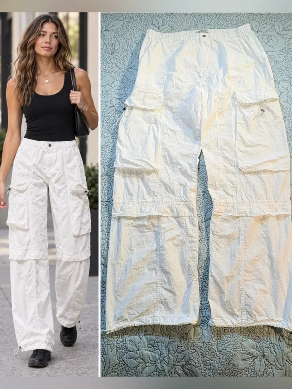 💥AllSaints Barbara White Cargo Parachute Pants Utility Drawstring Hem Sz 8🧡 - Image 2