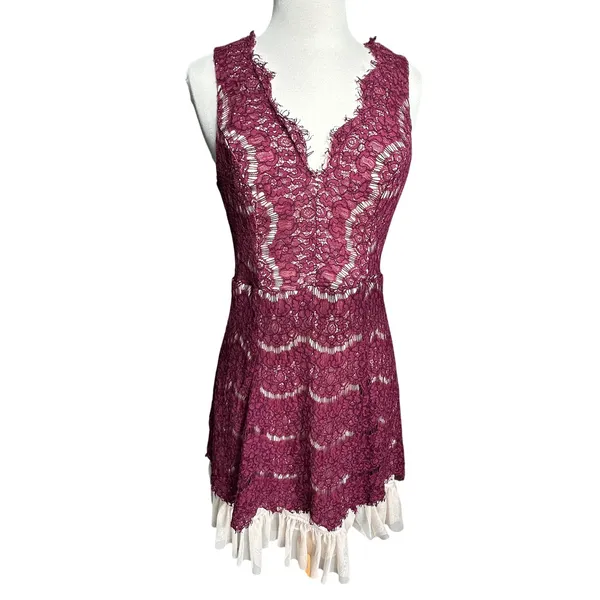 Trixxi Burgundy Lace Fit Flare Mini Dress XL V-Neck Eyelash‎ Lace Tulle Hem - Image 2