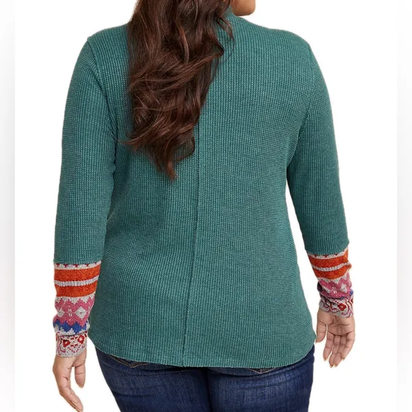NWT Maurices Waffle Mock Neck Fair Isle Cuff Mixer Tee - Image 5
