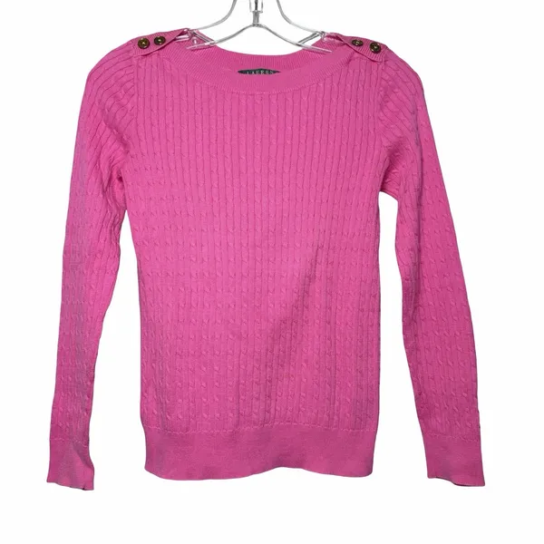 Lauren Ralph Lauren Petite Small Cable Knit Sweater Pink Gold Button Old Money - Image 2