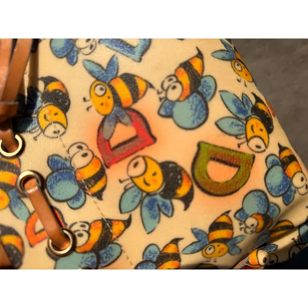 Dooney & Bourke Bumble Bee Print Coated Canvas Tote Bag Tan Leather Trim - Image 7