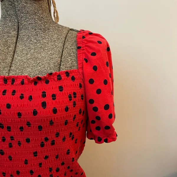 Anthropologie Dolan Polka Dot Smocked Puff-Sleeved Boho Top - Size Medium - Image 6