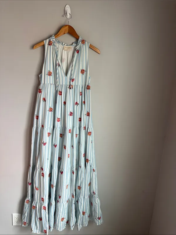Sézane Blue Stripe Floral Tiered Maxi Dress Far36/US4 - Image 2