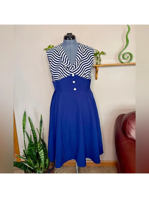Retro Stage XXL Blue White Striped Sailor Dress Nautical Tie Front Pinup Retro - Image 7