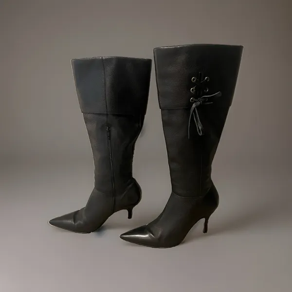 matisse boots 8.5 Knee High Corset Detail Pointy Toe Zipper Closure Blk Leather - Image 3