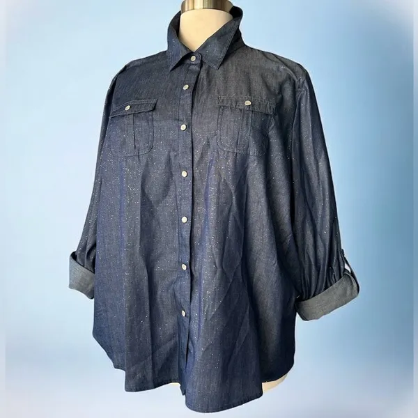 NWT!Blue Sparkles Pocket Snap Up Cuffed Sleeves Size 3X - Image 3