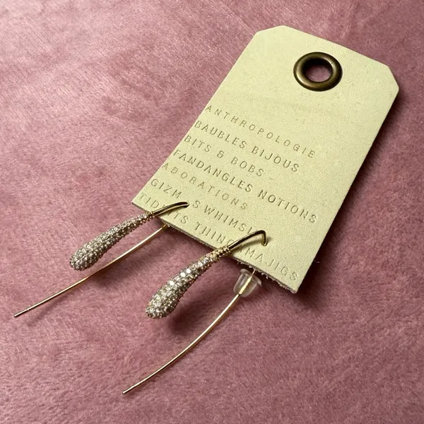 Anthropologie Gold Pave Rhinestone Teardrop Threader Earrings NWT - Image 8