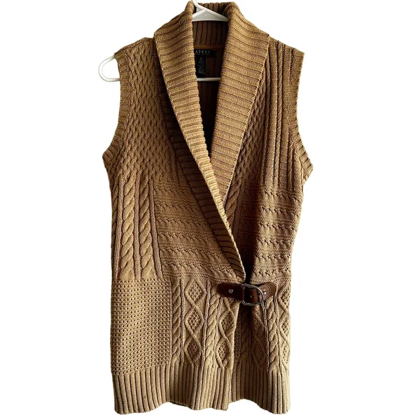 Lauren Ralph Lauren Sweater Vest Cable Knit Mid Length Buckle Closure Tan M - Image 2