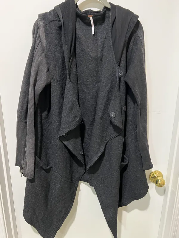 Free People Wool Blend Hood Asymetric Black Jacket Sz L - Image 3