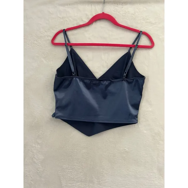 Better Be Navy Blue Satin Lace‎ Trim Handkerchief Hem Cropped Camisole Top Large - Image 4