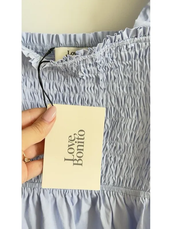 Love, Bonito Periwinkle Blue Smocked Midi Dress Ruffle Straps Cotton L NWT - Image 8