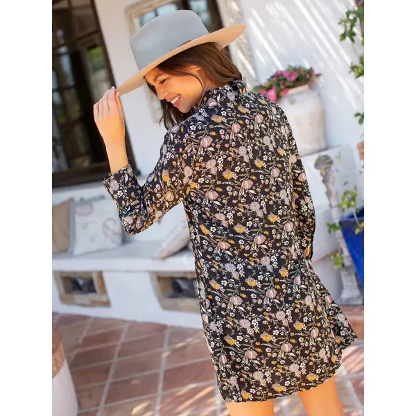 Natural Life Twiggy Mini Boho Floral Button Down Shirt Dress Long Sleeve Medium - Image 3