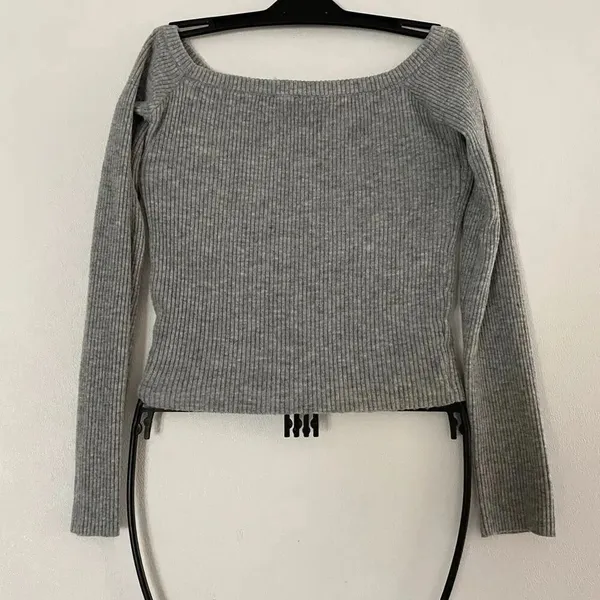 Princess Polly Gray Ribbed Long Sleeve Knit Top Square Neck Fitted Sweater M/L - Image 3