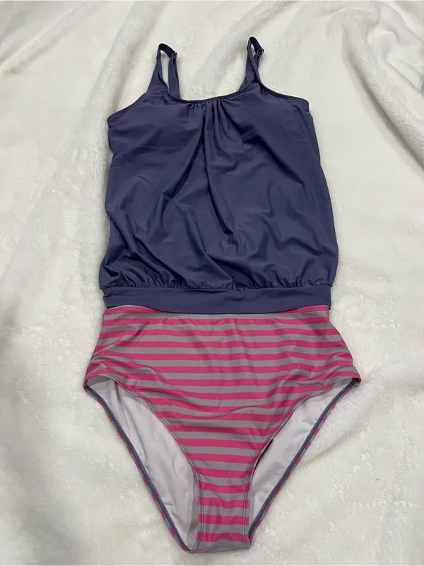 Women’s Two-Piece Purple and Striped Tankini Swimsuit Size L - Image 2